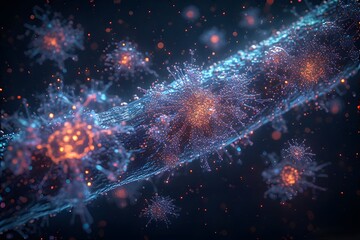 Fototapeta premium ia generated. Highly detailed dust mite on textured surface surrounded by glowing particles and fibers. Microscopic View of Dust Mite on Surface with Glowing Particles