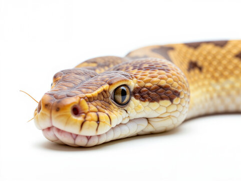 Close-up of a ball python snake on a white background  