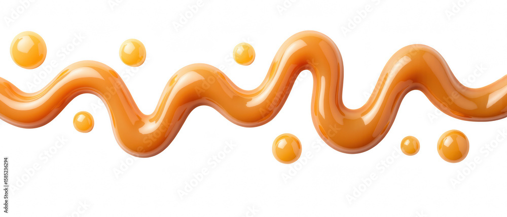 Poster creamy sauce flows in wavy pattern with glossy droplets, creating vibrant and appetizing visual. per