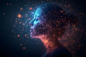 ia generated. Profile Silhouette of Woman Dissolving into Colorful Particles
Artistic side profile of a woman transforming into vibrant, glowing particles on a dark background.