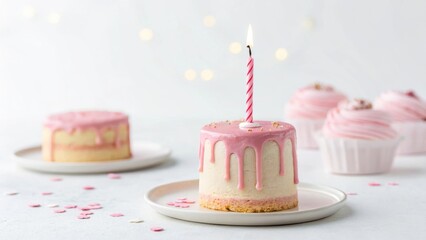 Delicious mini birthday cake with pink frosting and a lit candle celebration