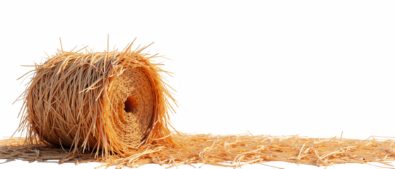 Round hay bale sits on farm, surrounded by scattered straw, showcasing rustic agricultural scene. warm tones evoke sense of tranquility and nature