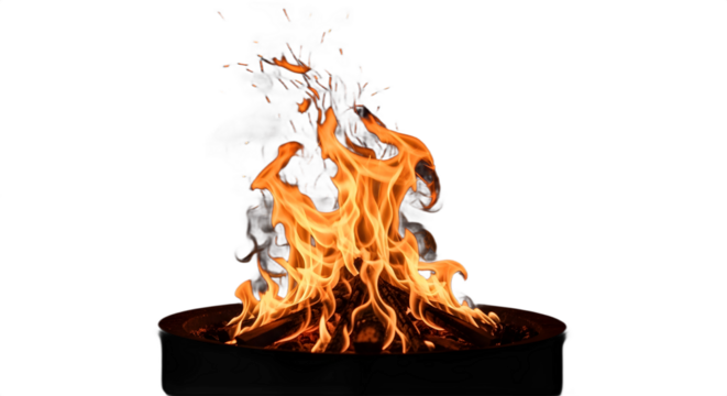 Fiery Bonfire with Dancing Flames and Embers in a Metal Fire Pit.