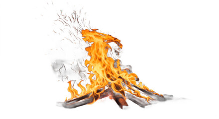 Campfire with Flickering Flames and Embers on Charred Logs Rising Smoke.