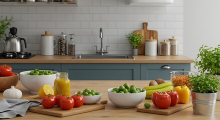 Colorful Fresh Vegetables and Ingredients Arranged on a Kitchen Countertop for Meal Preparation