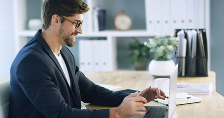 Businessman, smile and laptop with typing in office for payroll management, research and email....