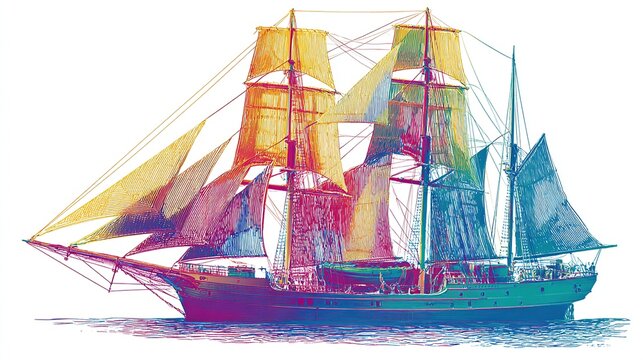 Colorful illustration of a tall ship sailing on the sea with multiple masts and sails against a white background - Powered by Adobe