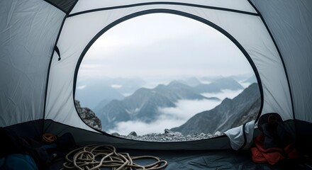 Tent view of misty mountains