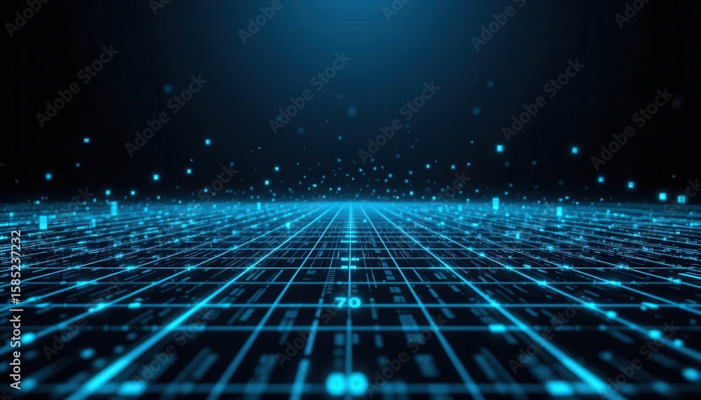 Poster illuminated cyan grid pattern with digital data flow on dark backdrop