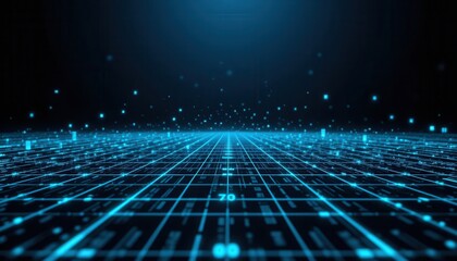 Illuminated Cyan Grid Pattern with Digital Data Flow on Dark Backdrop