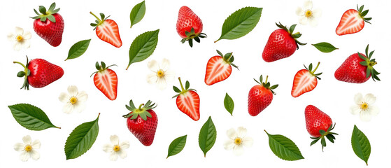 Fresh strawberries, vibrant red, green leaves, and delicate white flowers create delightful and colorful arrangement. This composition evokes