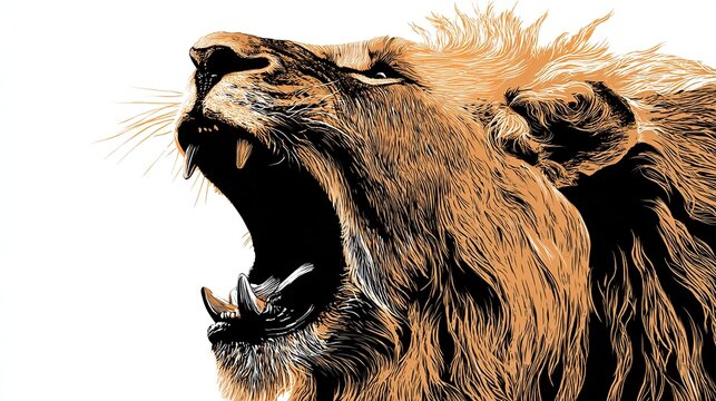 A majestic lion's head roars, its open mouth revealing teeth. The stylized illustration is in orange and black