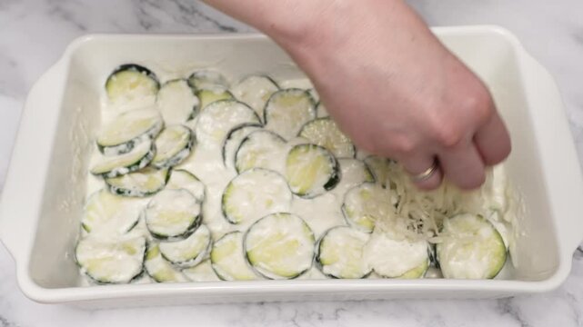 Chef is using a spoon to spread bechamel sauce over sliced zucchini arranged in a white baking dish, preparing a delicious and healthy vegetarian meal