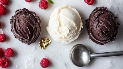 Semifreddo scoop shaping artistry featuring perfectly formed quenelles of dark chocolate, vanilla bean and raspberry semifreddo with silver spoon and fresh berries