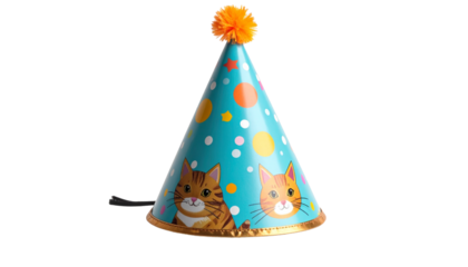 Colorful cat birthday hat with blue base and orange pom-pom, isolated on white background.
