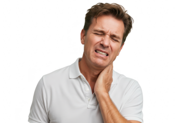 A man grimaces in pain, holding his neck with his hand, isolated on a transparent background