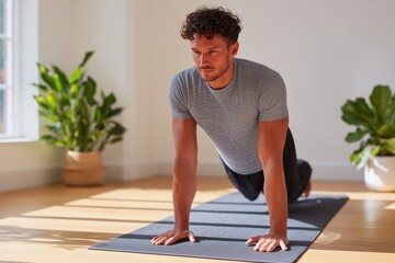 Fototapeta premium Athletic Man Doing Pilates on Mat in Bright Minimal Living Room with Sunlight and Plants