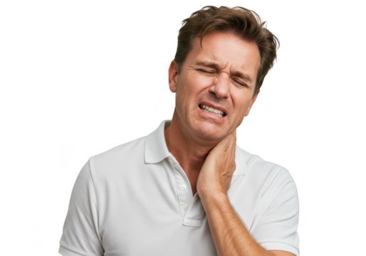A man grimaces in pain, holding his neck with his hand, isolated on a transparent background