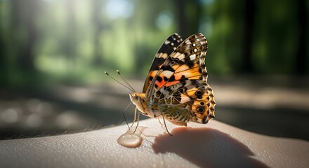 Butterfly's Delicate Sip: Painted Lady on Skin, Sunlight, Macro, Nature's Beauty.