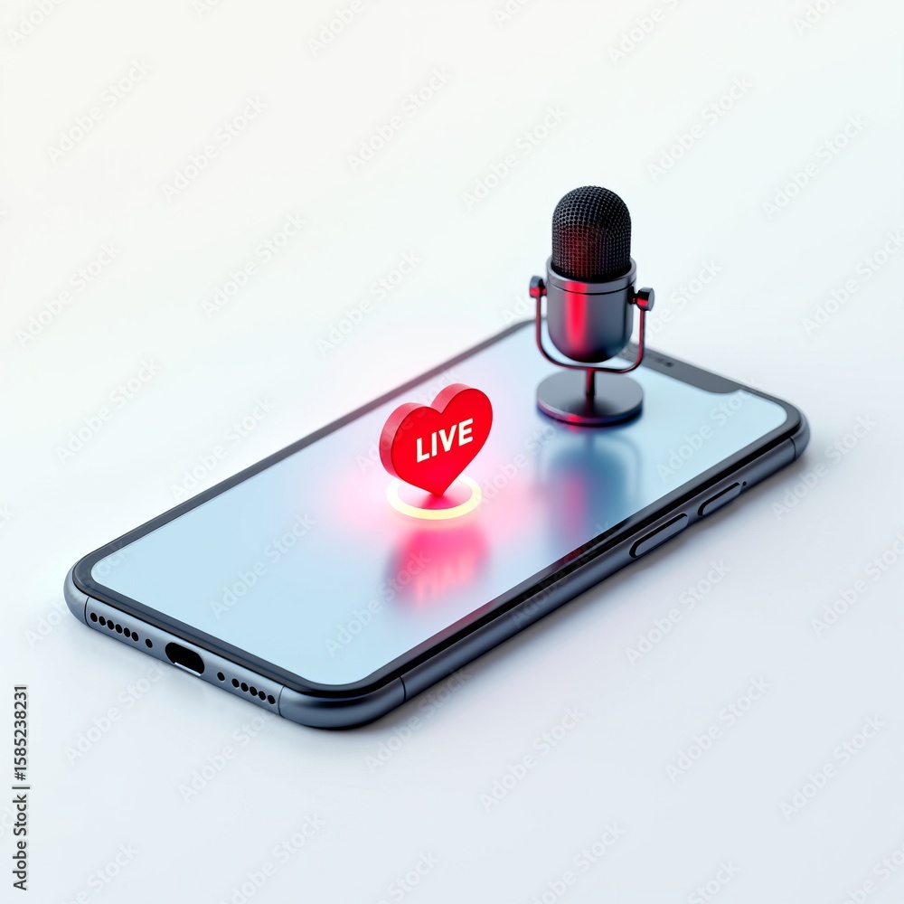 Poster live streaming and online broadcasting concept with microphone and glowing heart icon on smartphone 