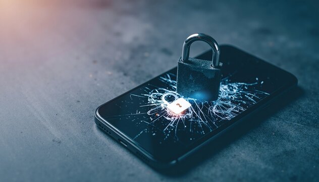 A shattered smartphone lies on a wooden surface, its cracked screen displaying a locked screen icon, hinting at its inoperable state.