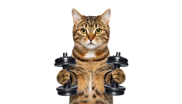 Fitness cat mascot wearing sportswear, holding dumbbells with a strong pose.