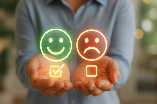 Customer feedback concept with happy and sad face icons in hands