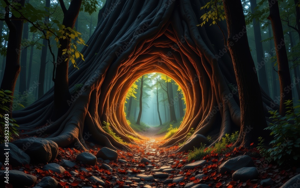 Poster high intrigue vanished forests concept. mysterious forest path through an ancient, twisted tree trun