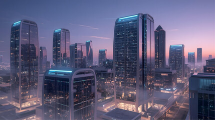 A stunning futuristic cityscape featuring sleek high-rise buildings with illuminated windows under a purple dusk sky, blending modern architecture with sci-fi elements and advanced urban development. 
