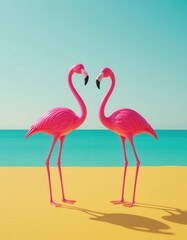 Obraz premium Two pink flamingo sculptures standing on a yellow surface with ocean backdrop