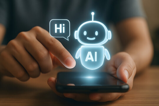 Person interacting with AI chatbot on smartphone screen digital assistant concept