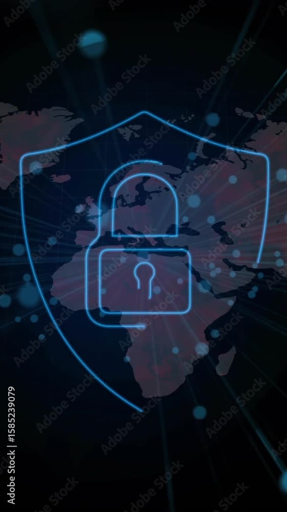 Poster animation of padlock icon and digital data processing over world map
