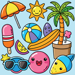 Color vector drawing whimsical summer vacation elements 