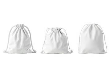 Three white drawstring bags in varying sizes