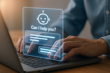 Person using laptop with chatbot interface offering assistance and customer support