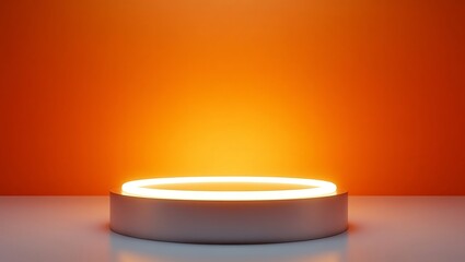 A glowing round podium is set against an orange studio background
