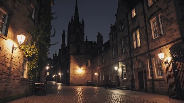 night shot of architecture glowing under city lights capturing romantic ambiance and mysterious charm of historic streets and alleys during a nighttime walk in the Scottish