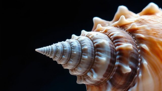 A close-up of a shell on a dark, black background