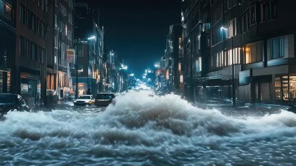 A city street flooded with water alongside tall buildings - Powered by Adobe