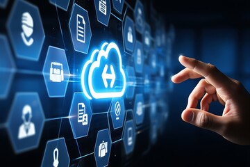 A hand reaching out to touch a glowing blue cloud icon surrounded by hexagonal icons representing digital services and data on a dark background symbolizing cloud computing and technology