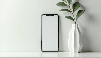 Minimalistic smartphone with blank screen next to a vase and plant, modern interior