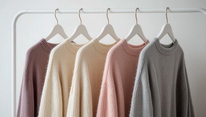 Obraz premium Elegant pastel knitwear collection hanging on a white minimal clothing rack