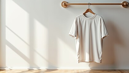 Plain white t-shirt hanging on a wooden hanger in a bright room, minimalistic decor