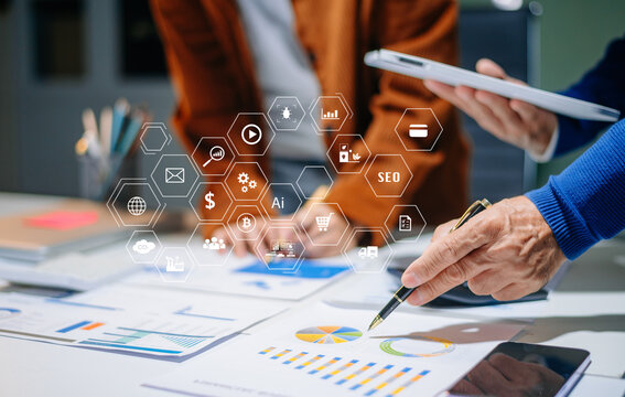 Business team partnership meeting concept. Business hand using laptop, tablet and smartphone in office. Digital marketing media mobile app