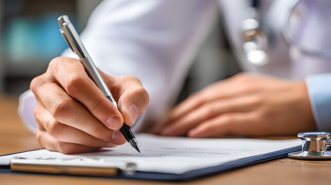 Plano cerrado de m&eacute;dico con bata blanca, escribiendo diagn&oacute;stico en papel.Precisi&oacute;n y responsabilidad: el acto de escribir un diagn&oacute;stico como s&iacute;mbolo de cuidado y profesionalismo m&eacute;dico.