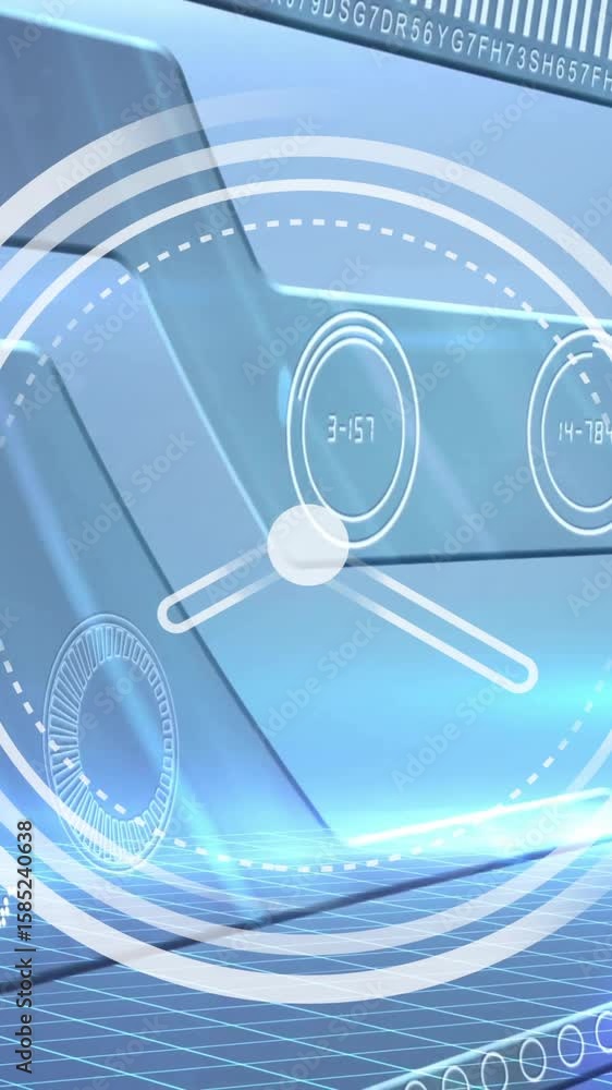 Poster animation of moving clock over digital interface with world map on grey background