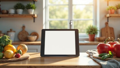 Tablet with blank screen on a kitchen table surrounded by fresh fruits and vegetables