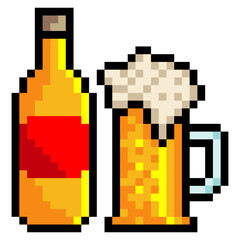 Beer bottle and beer mug in pixel art isolated on white background