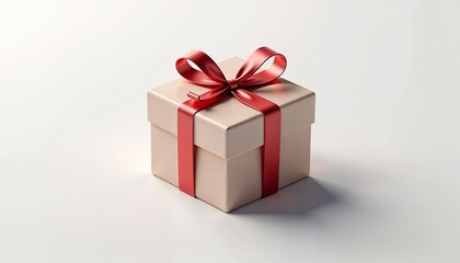 Gift box with red ribbon on a white background, festive and elegant design