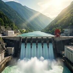 A hydroelectric dam releases water into a river valley, surrounded by mountains and sunlight.